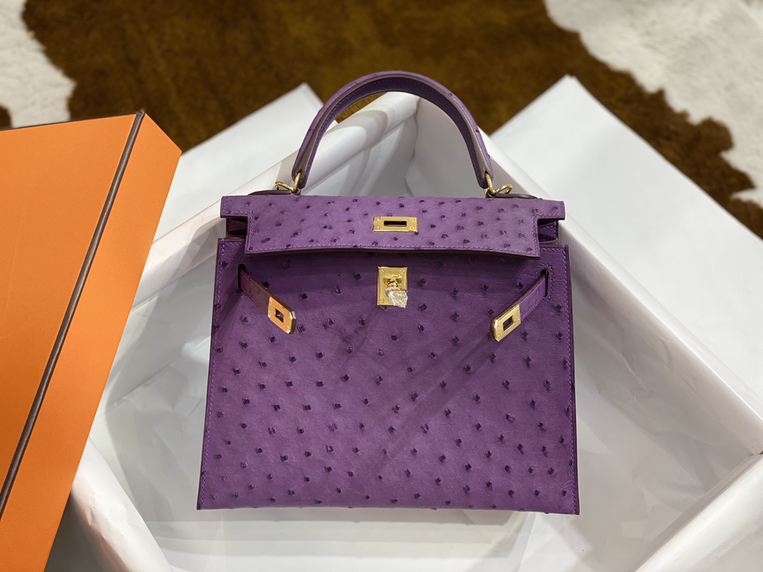 Hermes Kelly 25cm Handbag Shoulder Bag in Purple Ostrich Leather